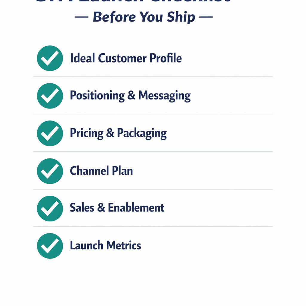 GTM checklist infographic listing ICP, positioning, pricing, channels, sales enablement, and launch metrics