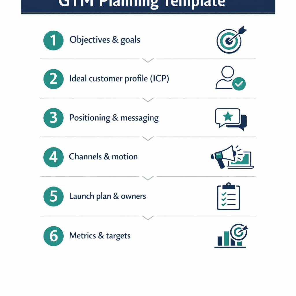 GTM planning template infographic — six sections from objectives to metrics